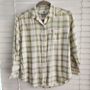 Girls Green Plaid Flannel Button Down Large
